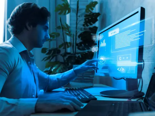 Programista analizuje kod na monitorze, szukając **defekt co to** jest. Widać fragmenty HTML i C++.