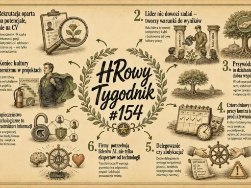 Grafika z HR-owym tygodnikiem #154. Lista tematów: rekrutacja na potencjał, lider tworzy warunki, przywództwo dla dobra wspólnego, 4-dniowy tydzień pracy, delegowanie, liderzy AI, bezpieczeństwo psychologiczne, koniec kultury heroizmu.