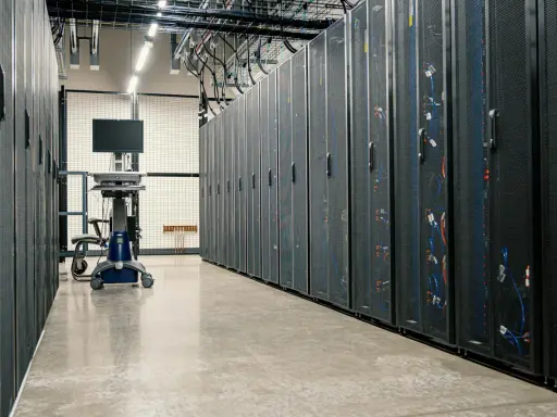 Rzędy serwerów w centrum danych. Mobilny wózek z monitorem i krzesłem czeka na technika w tym nowoczesnym środowisku produkcyjnym.