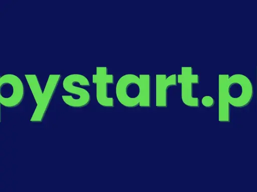 Zielony napis "pystart.pl" na granatowym tle. To miejsce, gdzie zaczynasz swoją przygodę z Pythonem.