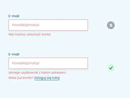 Komunikat błędu: nie można utworzyć konta z adresem Kowalski@mail.pl, ponieważ istnieje już użytkownik. Zaloguj się.