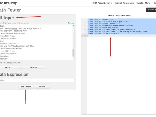 Narzędzie do testowania XPath z przykładowym XML i wynikami. Użyj tego **xpath cheatsheet** do ekstrakcji tytułów książek.
