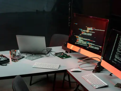 Biurko z komputerami i kodem na ekranach, przygotowane do **mutation testing**. Widać części komputerów i dyski.