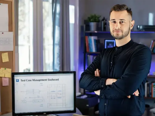 Mężczyzna w czarnej koszuli stoi obok biurka z monitorem wyświetlającym dashboard zarządzania testami. Tablica z notatkami i schematami podkreśla jego zaangażowanie w **quality engineering**.