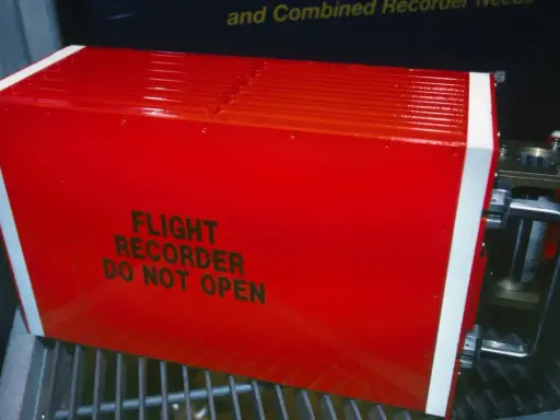 Czerwony, jaskrawy rejestrator lotu, znany jako czarna skrzynka inaczej, z napisem "FLIGHT RECORDER DO NOT OPEN".