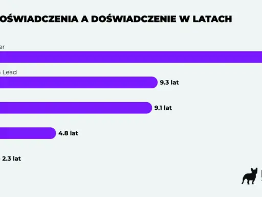 Poziom doświadczenia a zarobki testera oprogramowania: Mid-level Manager (15.2 lat), Tech Lead (9.3 lat), Senior (9.1 lat), Mid (4.8 lat), Junior (2.3 lat).