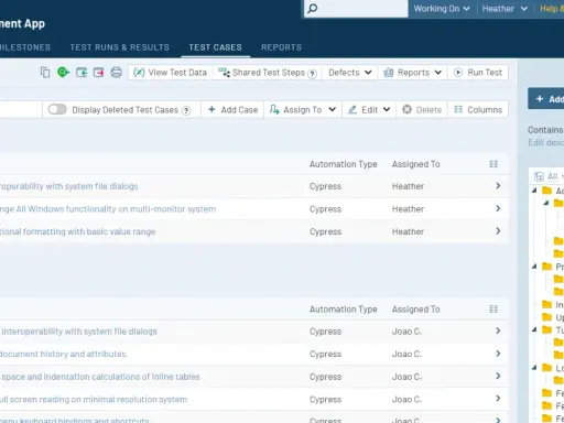 Zarządzanie przypadkami testowymi w aplikacji Project Management App. Widok "Test Cases" pokazuje listę testów, ich ID, tytuł, typ automatyzacji i przypisaną osobę. To jest właśnie **testrail co to** jest za narzędzie.