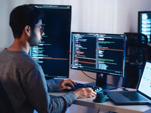Programista pracuje nad projektem test ai, pisząc kod na wielu monitorach.