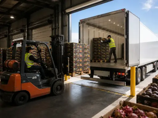 W magazynie pracownik na wózku widłowym przygotowuje palety z owocami do załadunku. To kluczowy moment, aby zapewnić **quality gate** i dostarczyć świeże produkty.