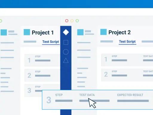 Zarządzanie testami w Zephyr Jira: dwa projekty, skrypty testowe i dane wejściowe.