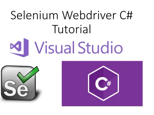 Selenium WebDriver C# Tutorial z logo Visual Studio i ikonami Selenium oraz C#.