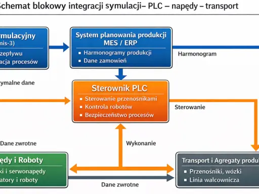 Schemat blokowy integracji symulacji, PLC i napędów. Model symulacyjny (Dosimis-3) analizuje przepływ i optymalizuje procesy, wysyłając optymalne dane do sterownika PLC.