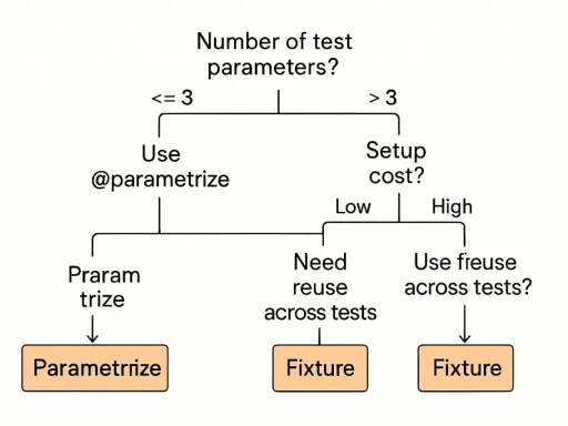 Diagram decyduje, kiedy użyć pytest parametrize, a kiedy fixture. Gdy parametrów jest mało, stosujemy @parametrize. Przy większej liczbie parametrów i niskim koszcie setupu, rozważamy fixture.