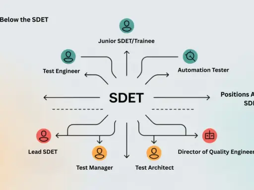 Schemat ścieżek kariery wokół SDET: Junior SDET, Test Engineer, Automation Tester, Lead SDET, Test Manager, Test Architect, Director of Quality Engineering.
