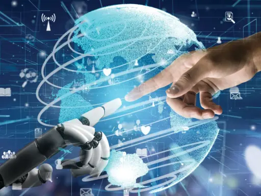 Ręka człowieka i robot zbliżają się do cyfrowej kuli ziemskiej, symbolizując współpracę w świecie technologii. To wizja przyszłości, gdzie spa single page application integruje globalne dane.