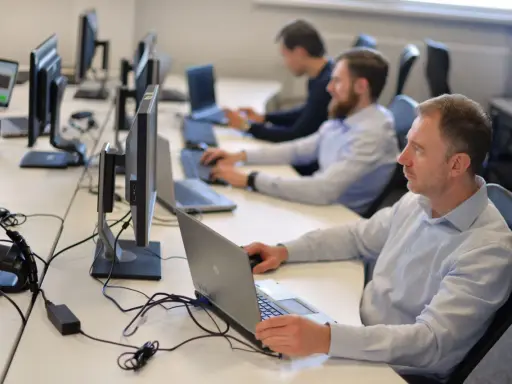 Zespół pracuje nad **static testing**, skupiony na ekranach komputerów w biurze.