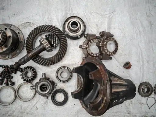 Rozłożony mechanizm różnicowy, widoczne koła zębate, łożyska i obudowa. Może to być wada usterka lub przygotowanie do naprawy.