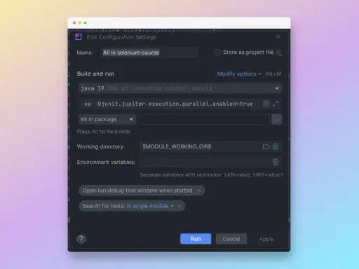 Ustawienia konfiguracji dla kursu Sellenium. Nazwa: "All in selenium-course". Uruchomienie testów.