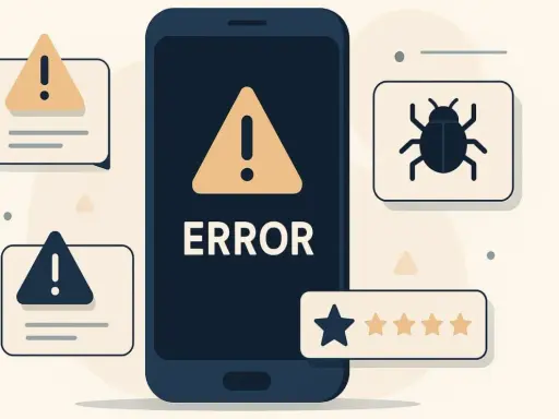 Telefon z napisem ERROR, ikony błędów, robaka i ocen. Ilustracja symbolizuje testy niefunkcjonalne aplikacji.