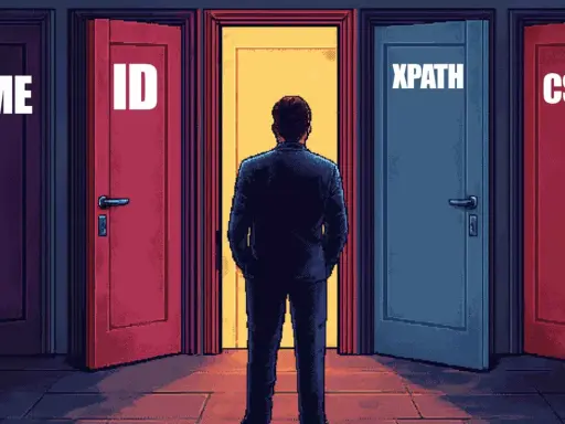 Mężczyzna stoi przed drzwiami: NAME, ID, CSS i **xpath**. Którą ścieżkę wybierze?