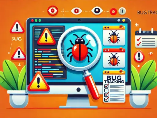Grafika przedstawia proces śledzenia błędów (bug tracking) w informatyce. Na ekranie komputera widać lupę powiększającą czerwonego robaka, symbolizującego błąd. Wokół wyświetlane są ostrzeżenia i lista zadań do wykonania.