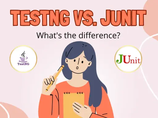 Ilustracja porównująca TestNG i JUnit, z dziewczyną trzymającą ołówek i notatnik.