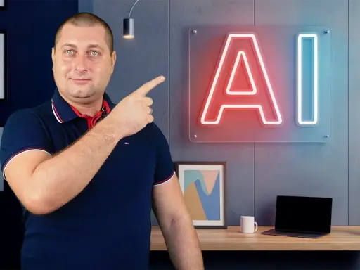 Mężczyzna wskazuje na neonowe logo AI, sugerując rozpoczęcie kursu QA z naciskiem na sztuczną inteligencję.