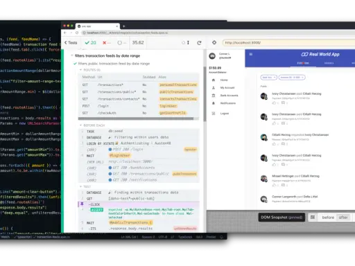 Testy aplikacji "Real World App" pokazują **cypress real events** w kodzie i interfejsie, filtrując transakcje po dacie i kwocie.