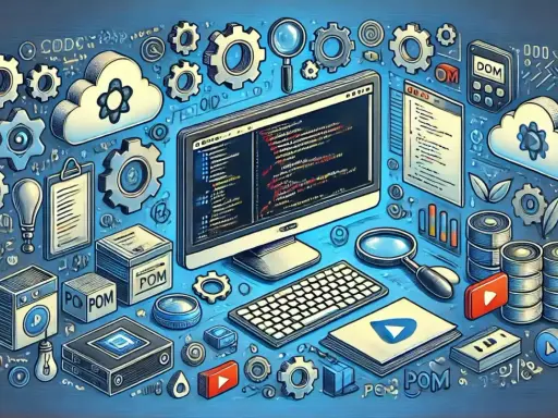 Narzędzia programistyczne, chmury, kod na ekranie i ikony symbolizujące page object pattern.