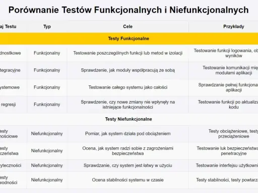Tabela porównująca testy funkcjonalne i niefunkcjonalne, ich cele i przykłady.