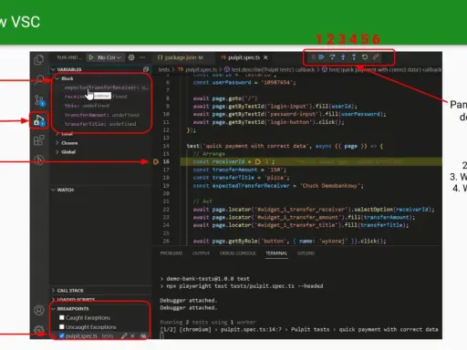 Debugger w VS Code. Widok zmiennych, zakładka Debug, breakpoint i kod testu. Test script w trakcie wykonywania.