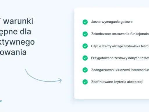 UAT co to? Warunki wstępne dla efektywnego testowania: jasne wymagania, zakończone testy funkcjonalne, środowisko testowe, dane, interesariusze i kryteria akceptacji.