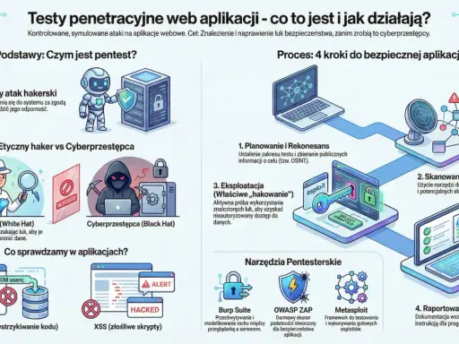 Ilustracja przedstawia proces web testing, czyli etapy pentestu: planowanie, skanowanie, eksploatację i raportowanie, z użyciem narzędzi jak Burp Suite.