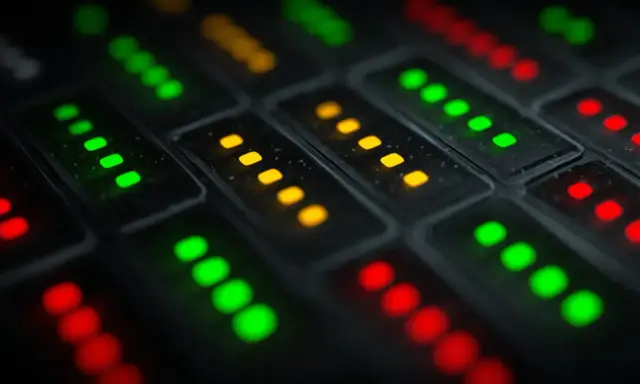 Wskaźniki LED na panelu sterowania, zielone, żółte i czerwone, przypominają sukcesy testów w **pytest**.