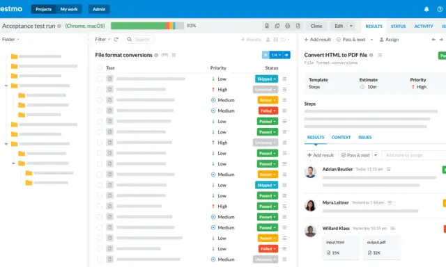 Interfejs test management tools pokazuje listę testów z priorytetami i statusami. Widoczne są wyniki konwersji plików.