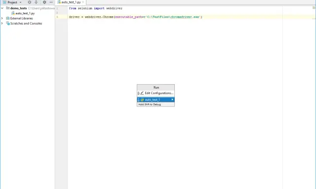 Ekran IDE PyCharm z otwartym plikiem Pythona i menu uruchamiania testów.