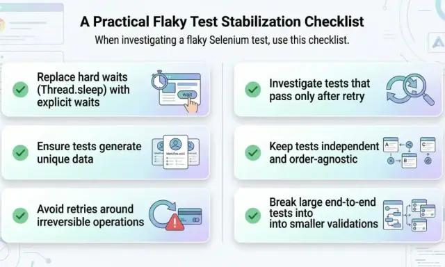 Lista kontrolna stabilizacji niestabilnych testów Selenium: zastąp `Thread.sleep` przez `selenium wait` (jawne oczekiwanie), generuj unikalne dane, unikaj ponownych prób przy operacjach nieodwracalnych.