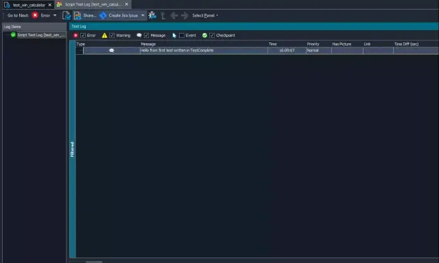 Logi testowe z widokiem "Test Log" w aplikacji, pokazujące komunikat "Hello from first test written in TestComplete" z narzędzia **browser stack**.