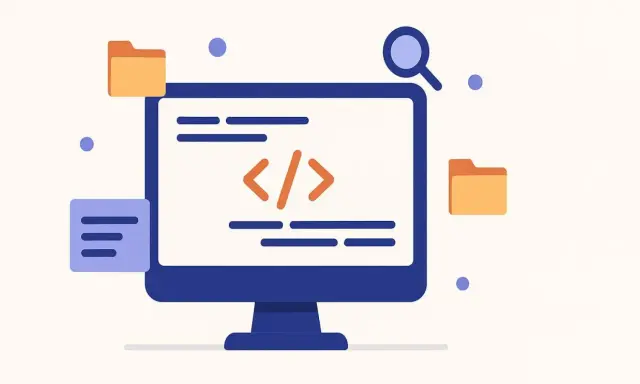 Monitor z kodem i ikonami folderów, lupa symbolizująca **cloud testing** i analizę.