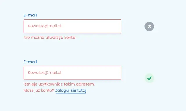 Komunikat błędu: nie można utworzyć konta z adresem Kowalski@mail.pl, ponieważ istnieje już użytkownik. Zaloguj się.