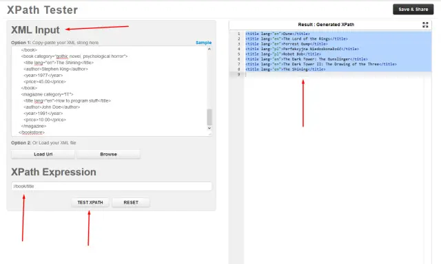 Narzędzie do testowania XPath z przykładowym XML i wynikami. Użyj tego **xpath cheatsheet** do ekstrakcji tytułów książek.