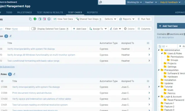Zarządzanie przypadkami testowymi w aplikacji Project Management App. Widok "Test Cases" pokazuje listę testów, ich ID, tytuł, typ automatyzacji i przypisaną osobę. To jest właśnie **testrail co to** jest za narzędzie.
