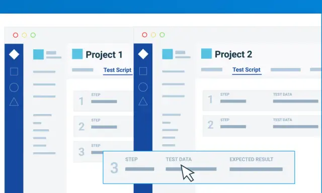 Zarządzanie testami w Zephyr Jira: dwa projekty, skrypty testowe i dane wejściowe.