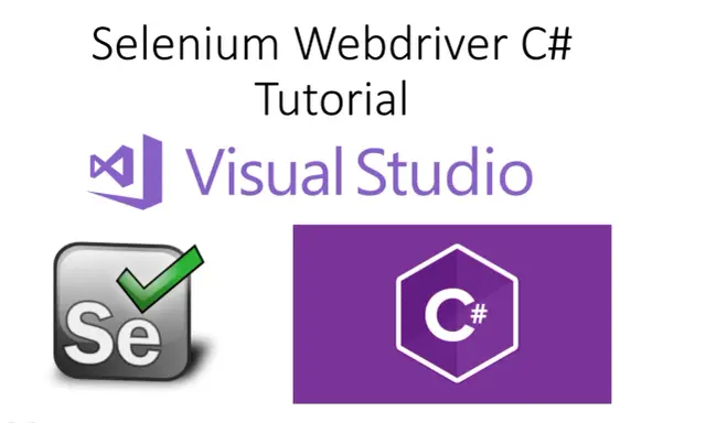 Selenium WebDriver C# Tutorial z logo Visual Studio i ikonami Selenium oraz C#.