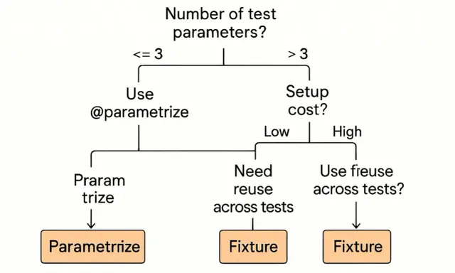 Diagram decyduje, kiedy użyć pytest parametrize, a kiedy fixture. Gdy parametrów jest mało, stosujemy @parametrize. Przy większej liczbie parametrów i niskim koszcie setupu, rozważamy fixture.