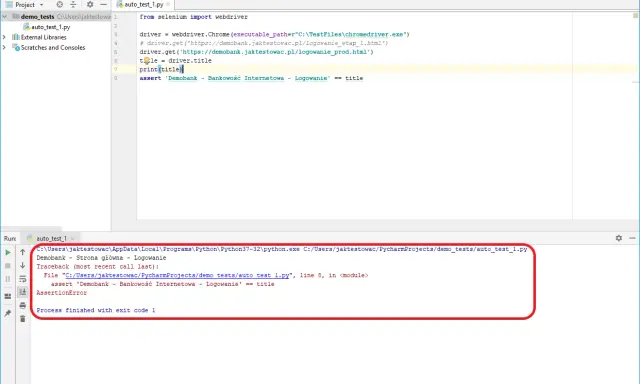 Kod Pythona z użyciem **selenium refresh page** do testowania strony logowania. Test zakończony błędem AssertionError.