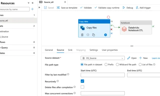 Widok interfejsu Azure Data Factory z pipeline'em ETL, kopiowaniem danych i notatnikiem Databricks.