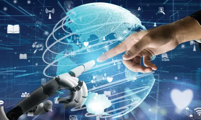 Ręka człowieka i robot zbliżają się do cyfrowej kuli ziemskiej, symbolizując współpracę w świecie technologii. To wizja przyszłości, gdzie spa single page application integruje globalne dane.