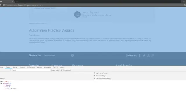 Konsola przeglądarki pokazuje wynik zapytania $x("/html/.."), które znajduje element nadrzędny (ancestor) dokumentu.