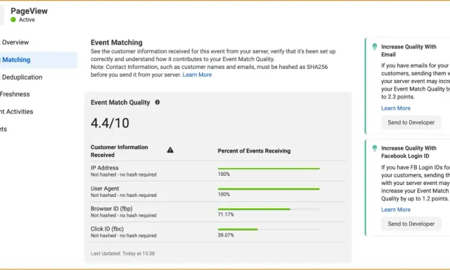 Ocena jakościowa dopasowania zdarzeń: 4.4/10. IP i User Agent otrzymują 100%, Browser ID 71.17%, Click ID 39.07%.